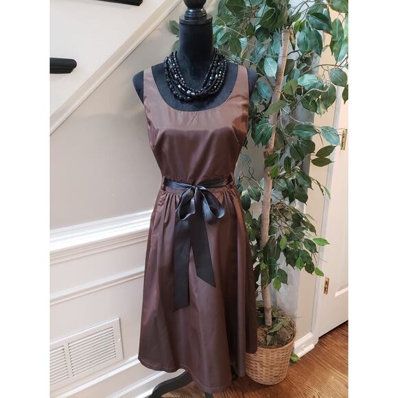 PS Style Midi Dress Women's 12P Brown Acetate Sleeveless Round Neck Waist Tie - Picture 1 of 13
